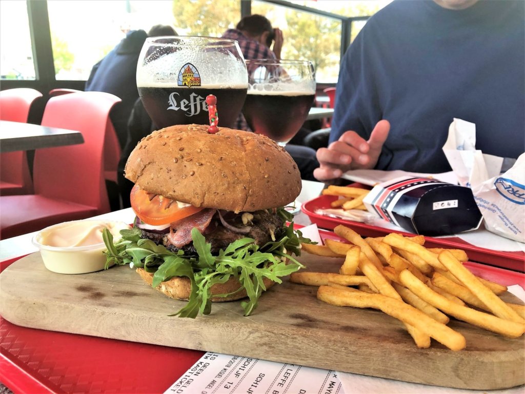 A Leffe brown, mayo, killer burger and great frites.