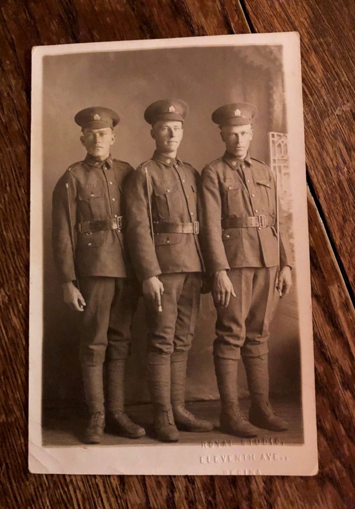 Young Canadian soldiers prepare for war. My Grandfather is in the middle.