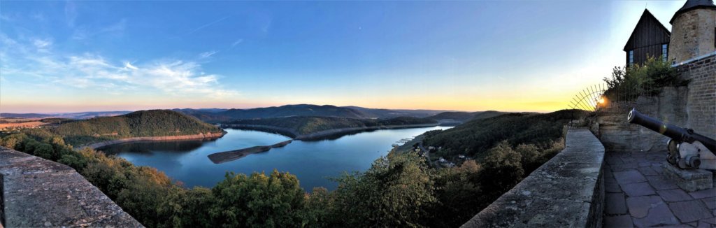 The view of Lake Edersee from the castle terrace. Sunsets are glorious!