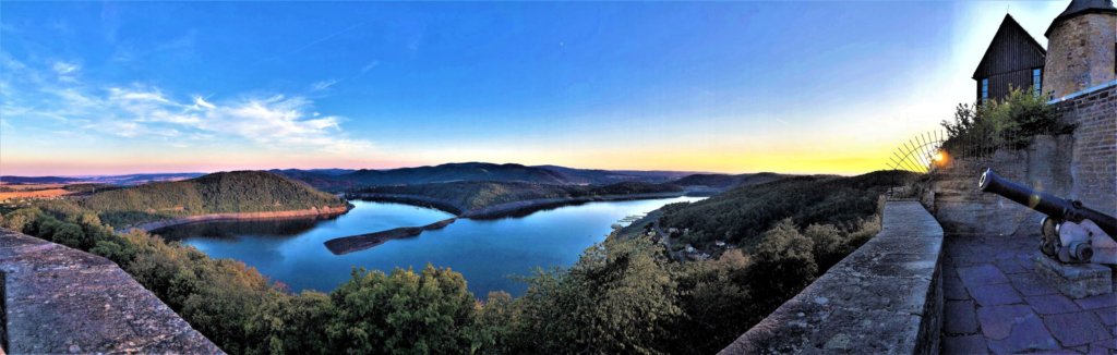 View of Edersee Lake from the Schloss Waldeck's Terrace at sunset