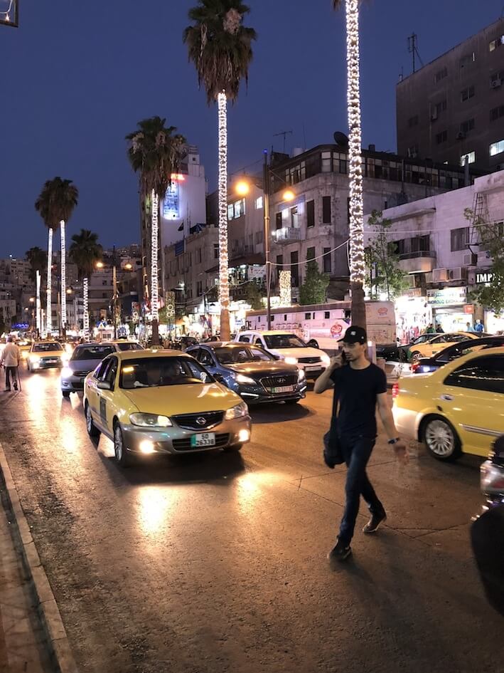 The bustling streets of downtown Amman, Jordan in the evening