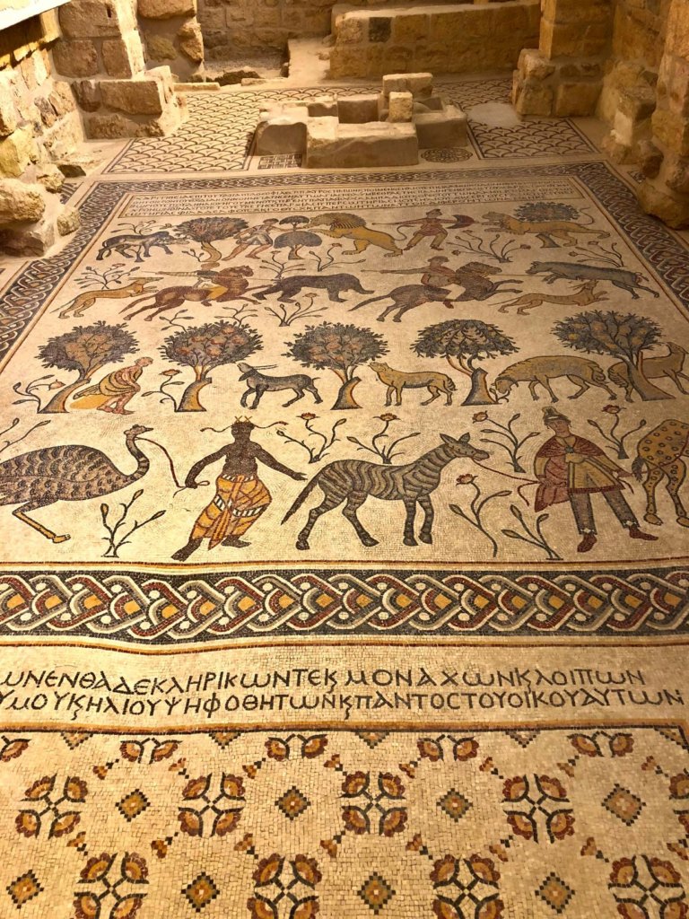 The mosaic floor at the Memorial Church of Moses on Mount Nebo with millions of tiny, coloured blocks of tile is beautifully preserved.