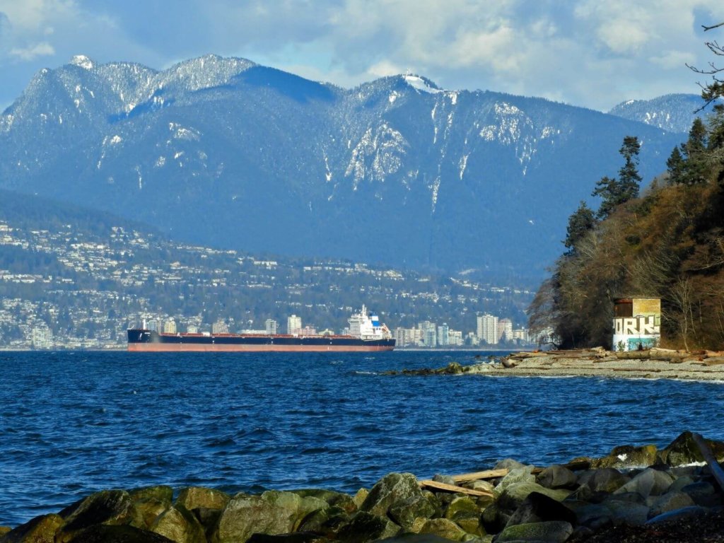 Vancouver harbour with oil tanker and concrete bunker in the background