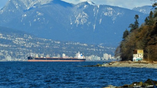 Vancouver harbour with oil tanker and concrete bunker in the background