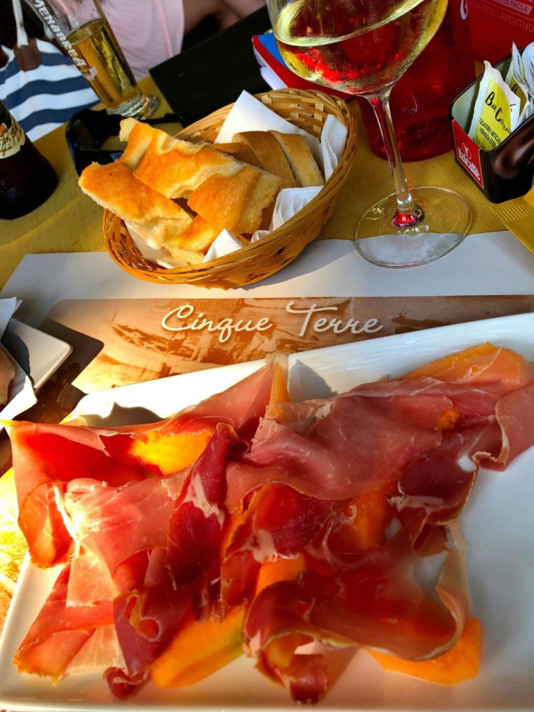 proscuitto and melon with wine at Cinque Terre