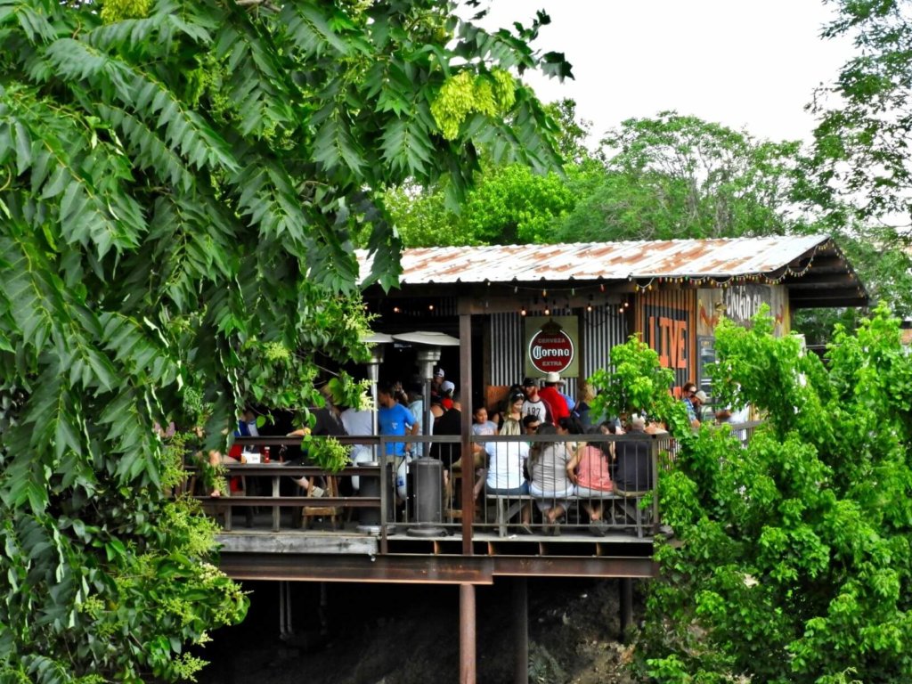 People on a deck surrounded by foliage