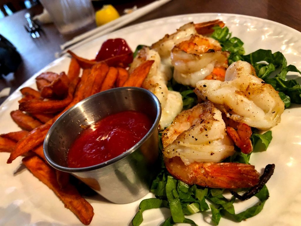 sauteed shrimp, seafood sauce and sweet potato fries