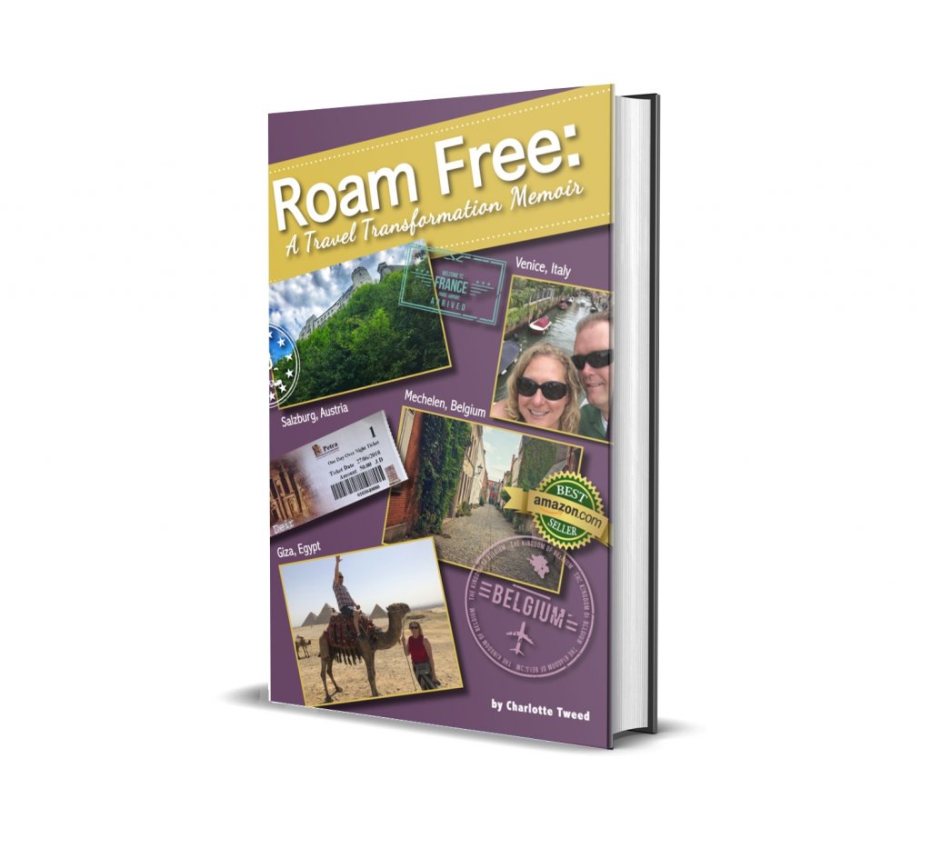 Book cover for Roam Free: A Travel Transformation Memoir with travel photos on the cover