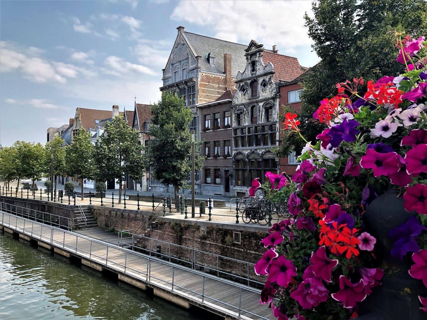 Mechelen Belgium with flowers, Flemish buildings. Street photography.
