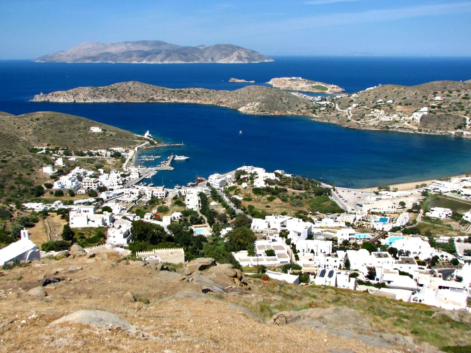 the white buildings of the island Ios, Greece and the Mediterranean in the background