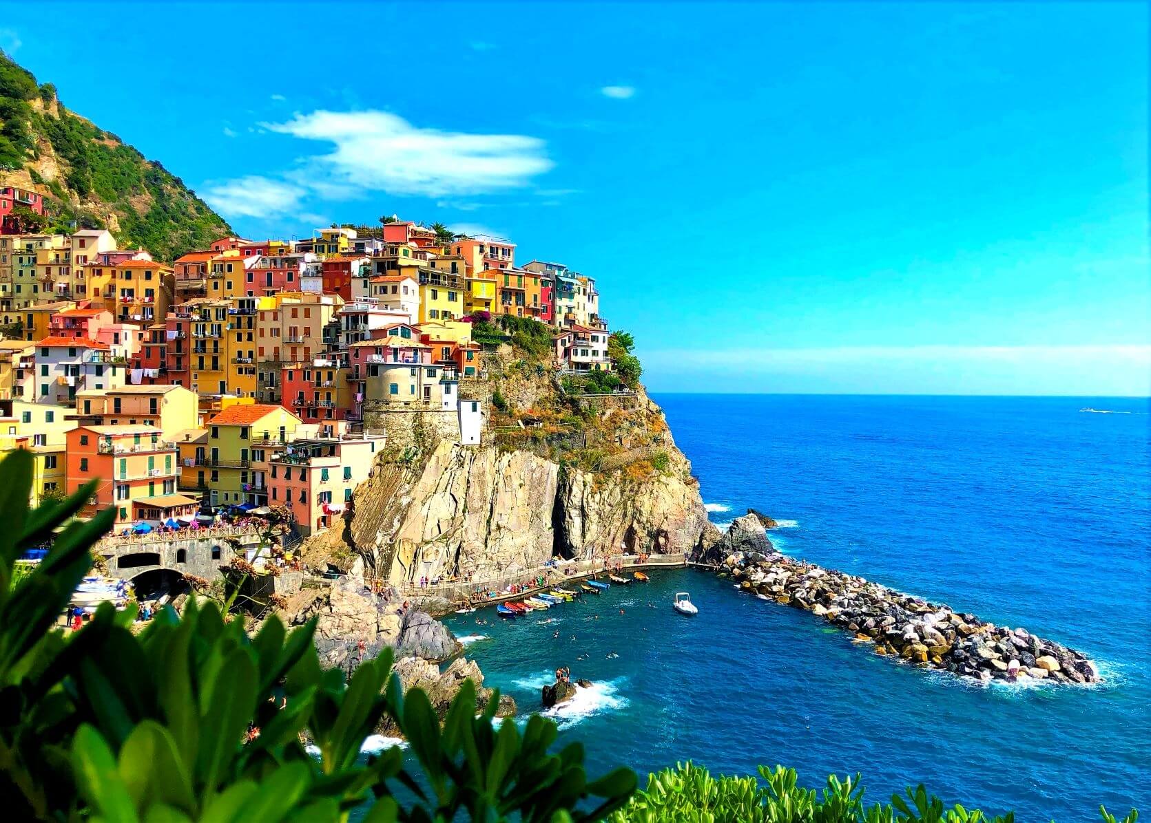 coloured houses of the Cinque Terre sit on a cliff in the town of Manarola