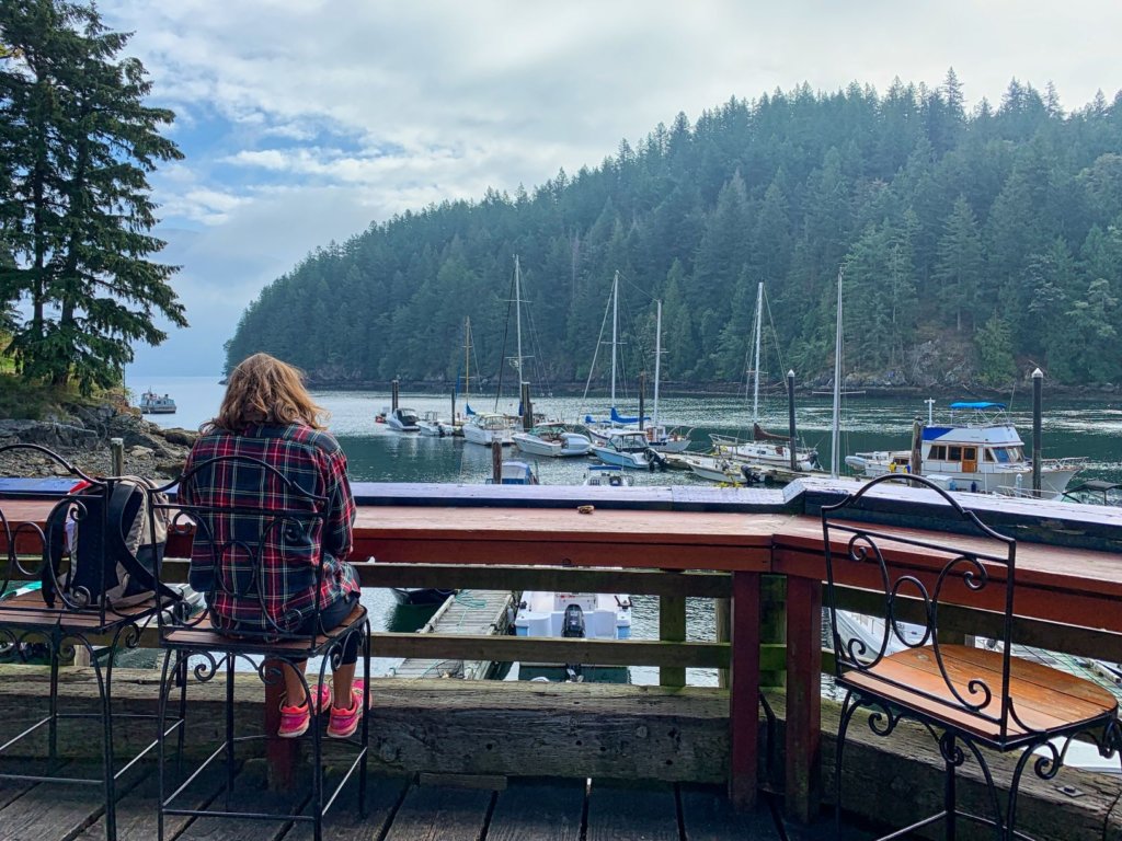 a person sits at an outdoor bar overlooking the cove with boats in it and mountains in the distant fog.