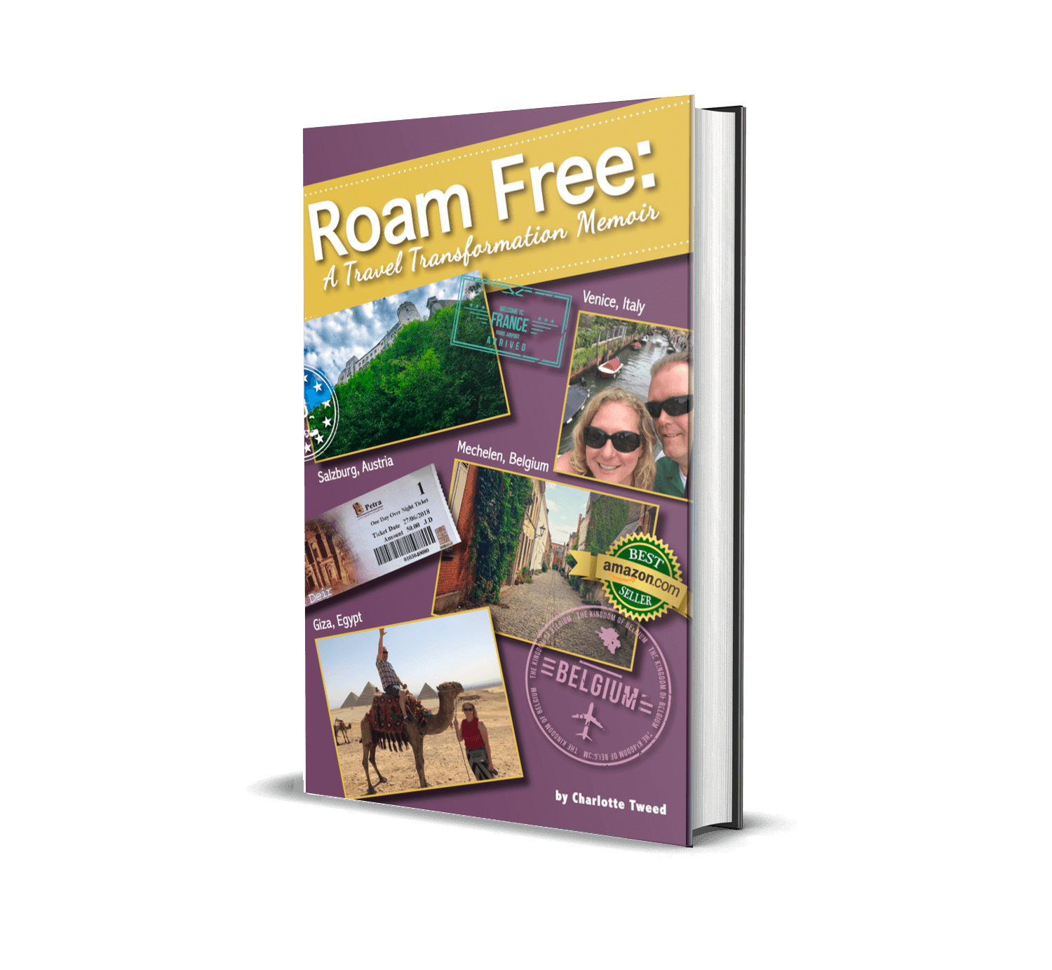 book cover of roam free: a travel transformation memoir with travel pictures on it.